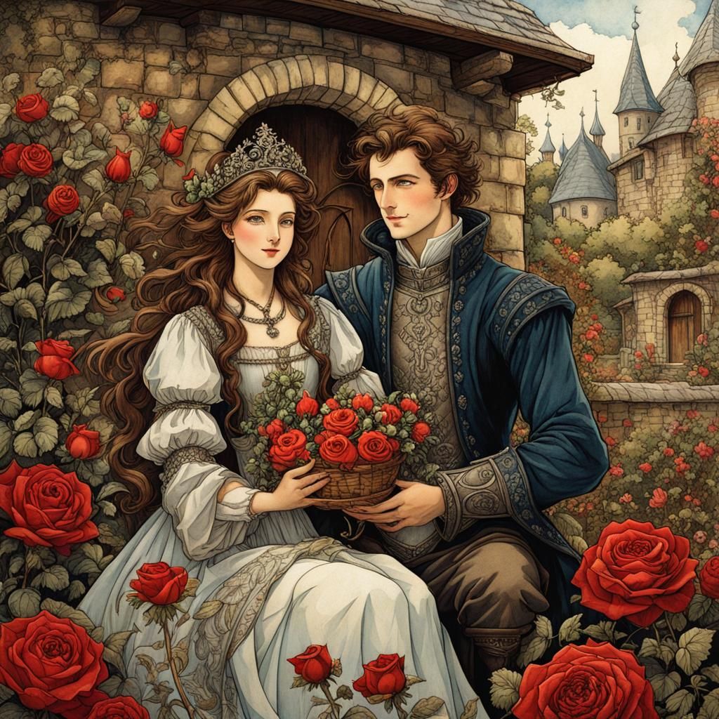 Medieval Family Rose Garden in Arthur Rackham Style