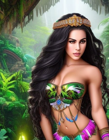 Goddess Portrait in Aztec Jungle, Hyperdetailed Art