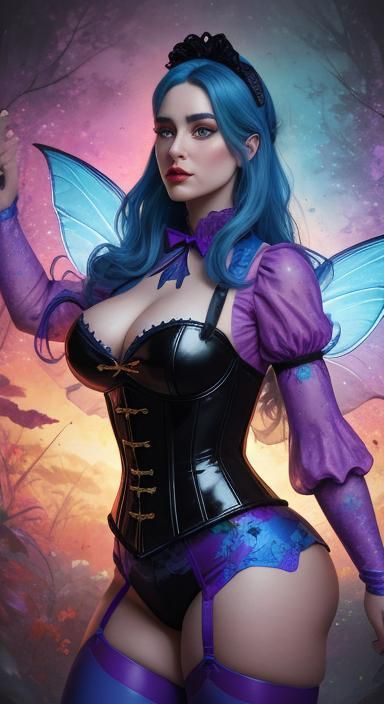 Alice in Wonderland, magical fairy forest background, latex maid outfit. Adults. Exagerated large boosom. Lithely curvy ...