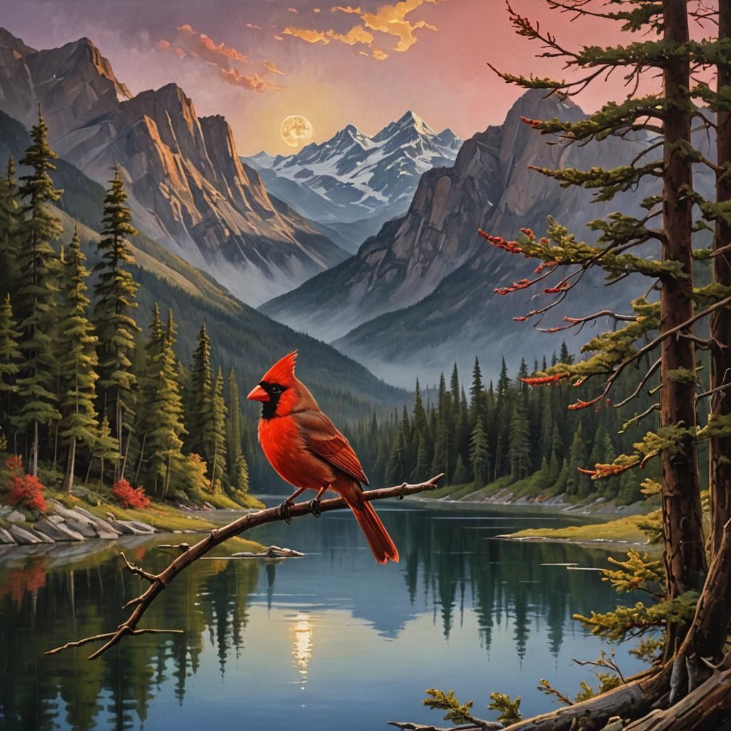 Northern Cardinal by Lake: Impressionist Gouache Painting