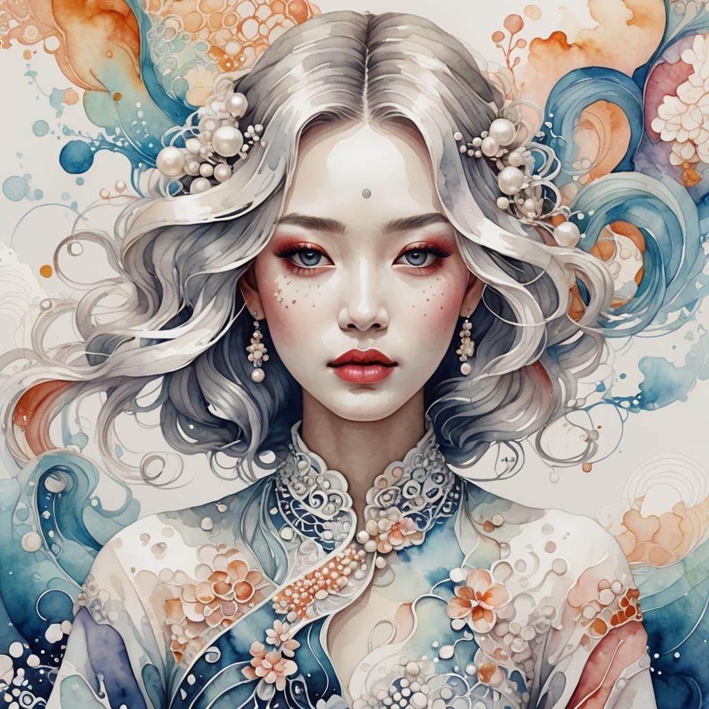 Elegant Girl with Flowing Watercolour Hair and Dress