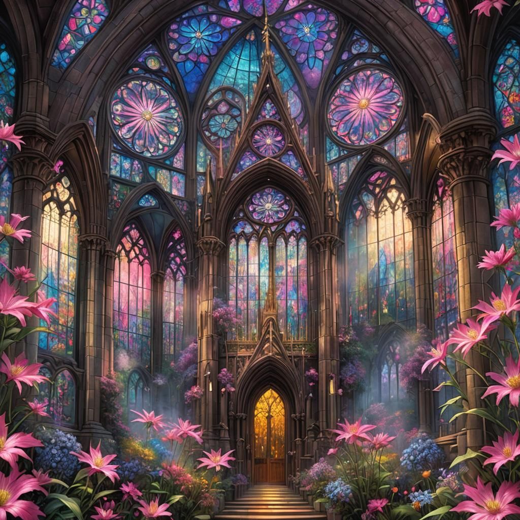 Stained Glass Cathedral with Pink Flower, Digital Painting