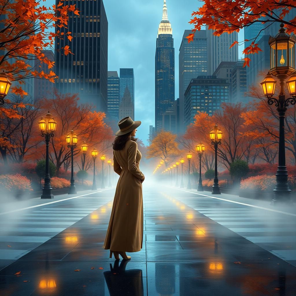 Woman in Misty Central Park, Fantasy Illustration
