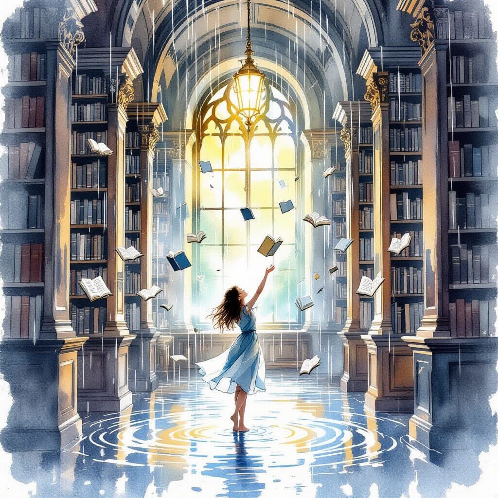 Dreamy Library Rain in Ink and Watercolor