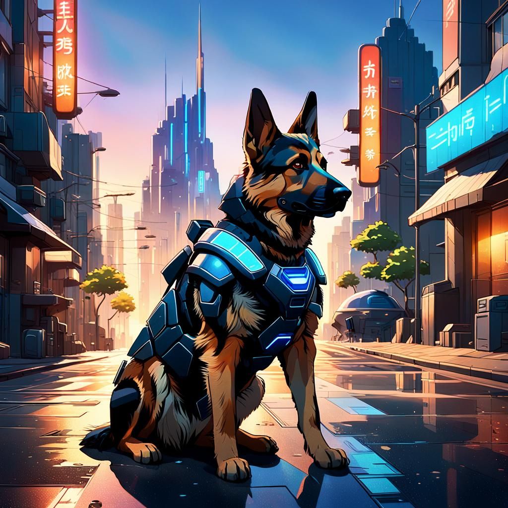 Armored German Shepherd in Anime-Inspired Cityscape