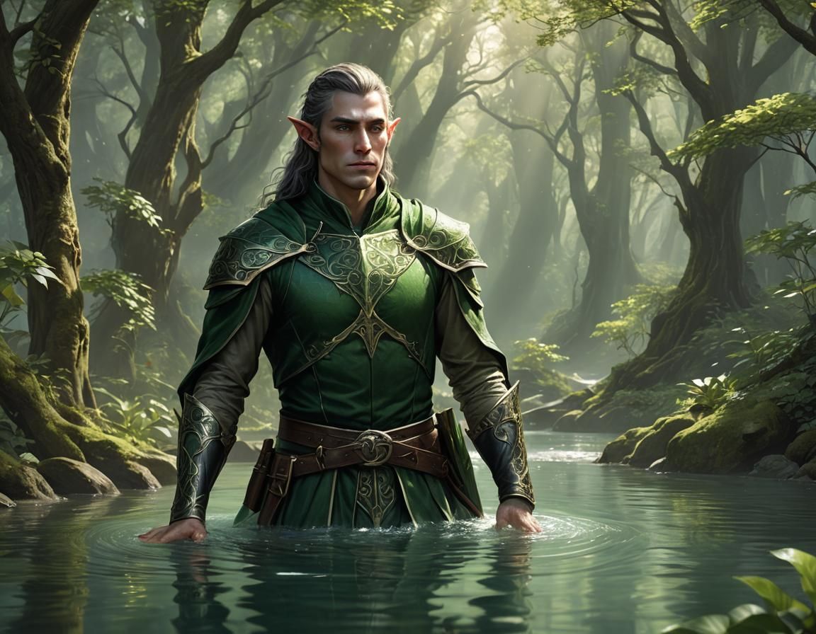 Elf Emerges from Shadows Near Spring