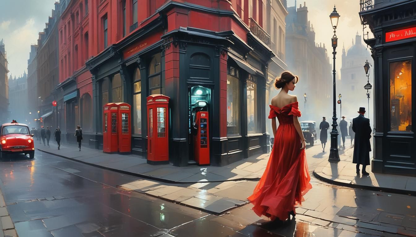 Art Nouveau Woman in Red Dress, London Street