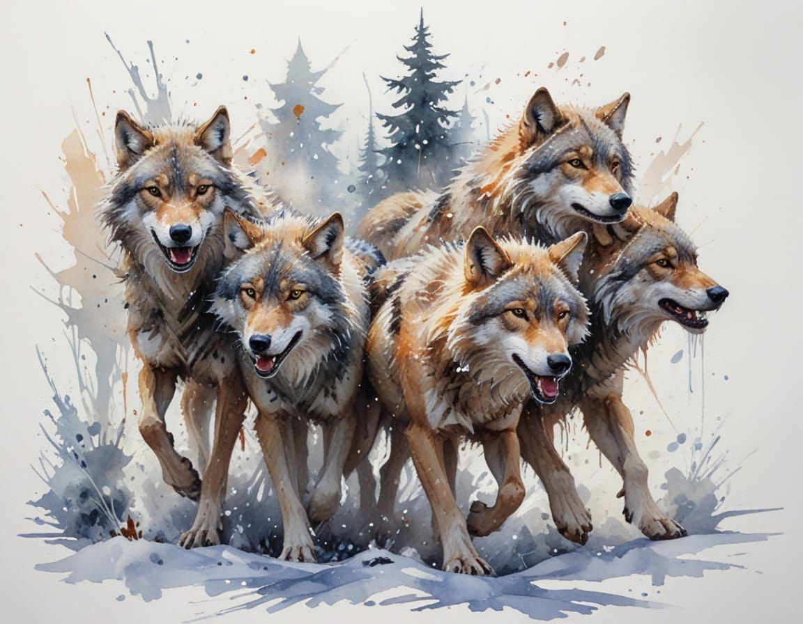 Wolves Hunt Elk in Snowy Wilderness, Watercolour Style