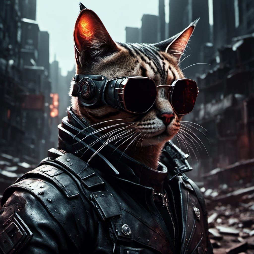 Cyborg Cat Wanderer in Post-Apocalyptic Cyberpunk Art