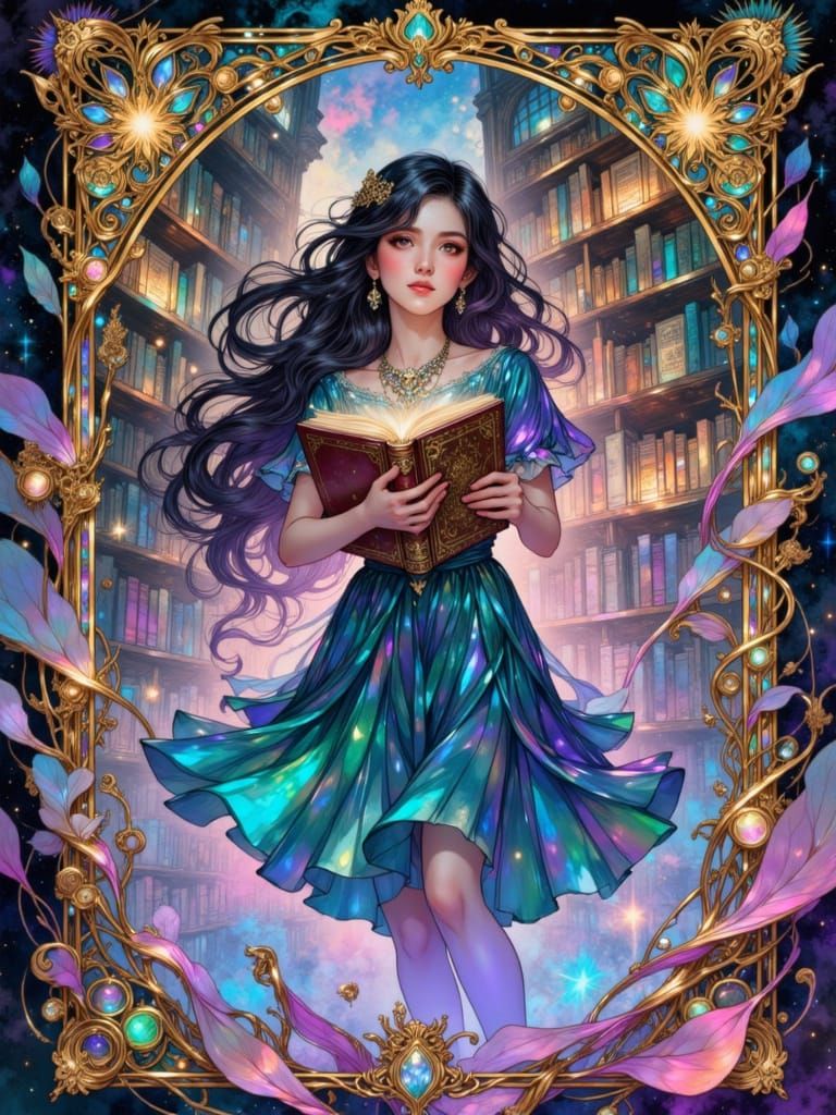 Shy librarian woman holding a book standing in a surreal library