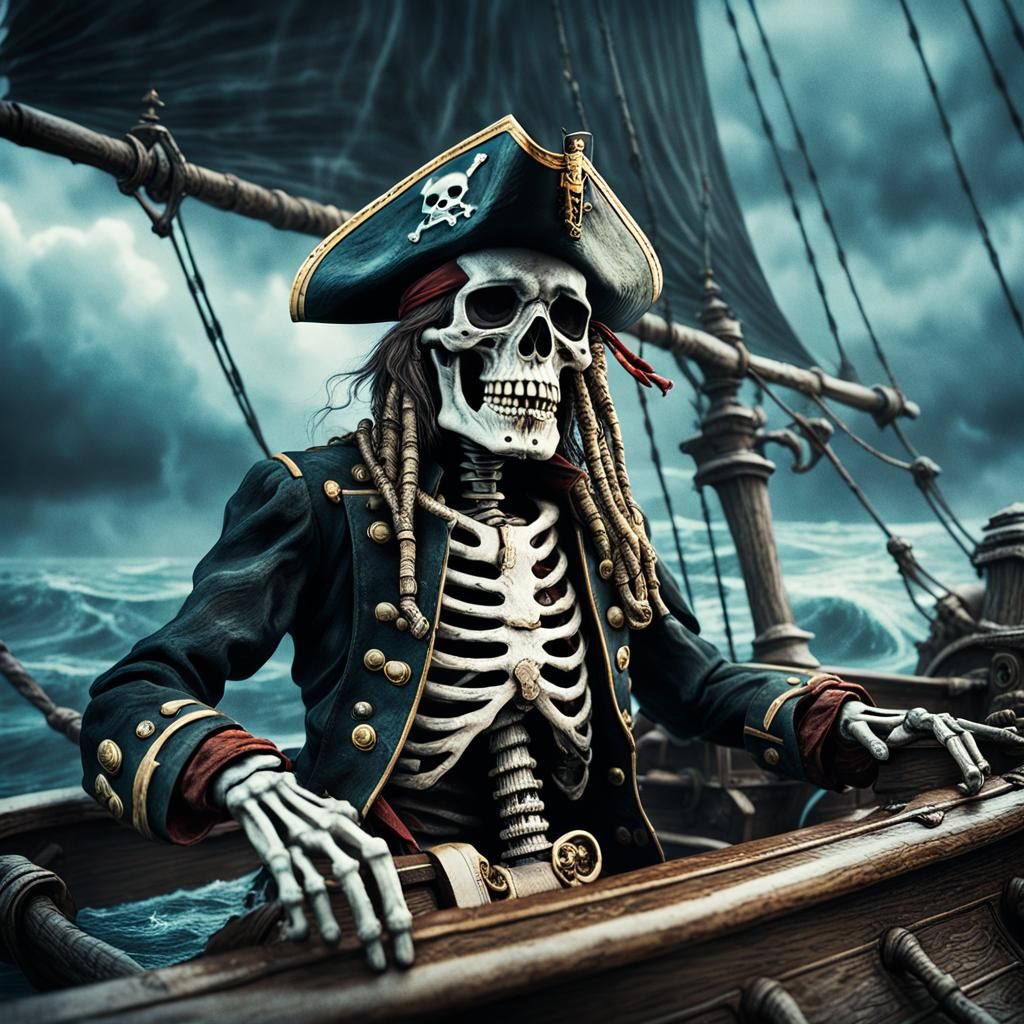 Skeleton Pirate Captain Navigating Hurricane, Cinematic Stil...