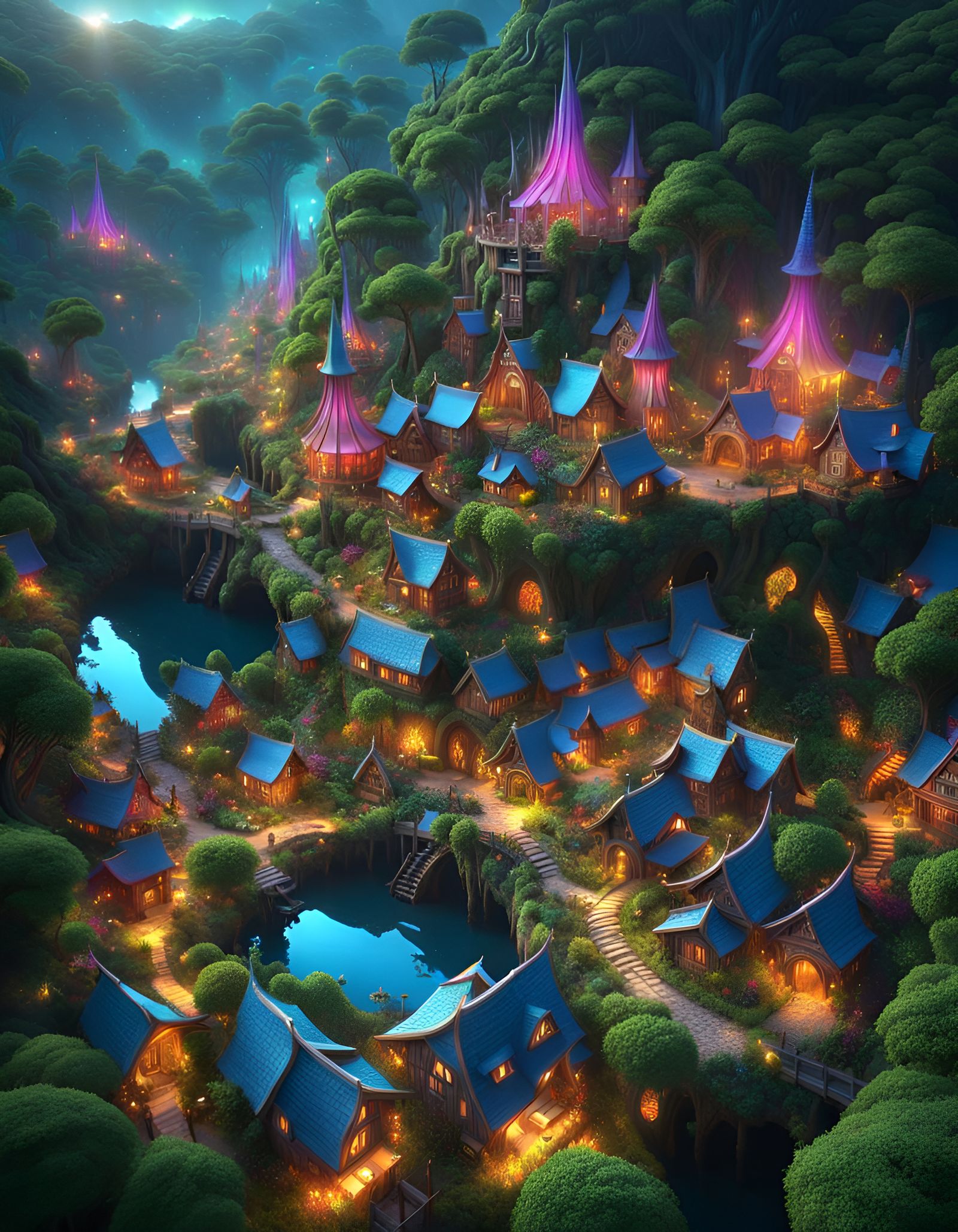 Enchanted Elven Village in Psychedelic Forest