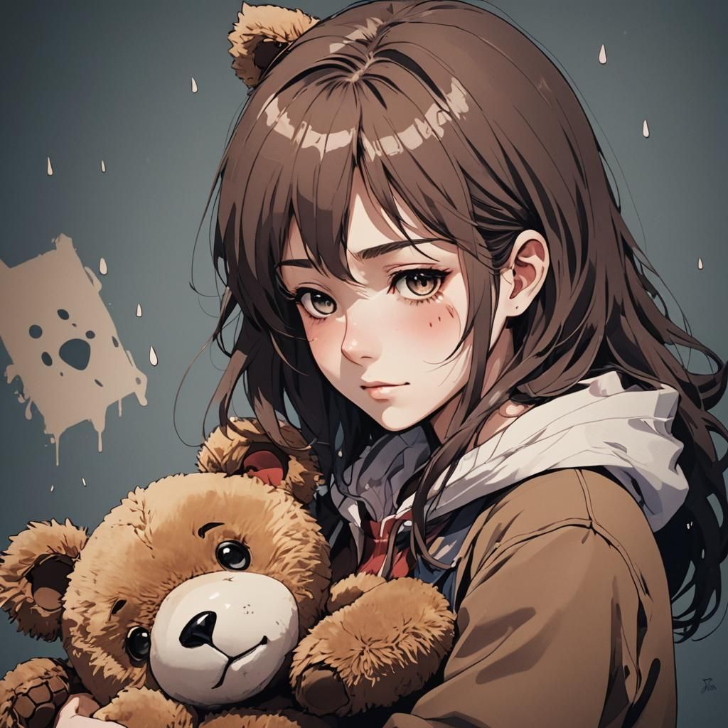 Sad Girl Cuddling Bear in Anime Style