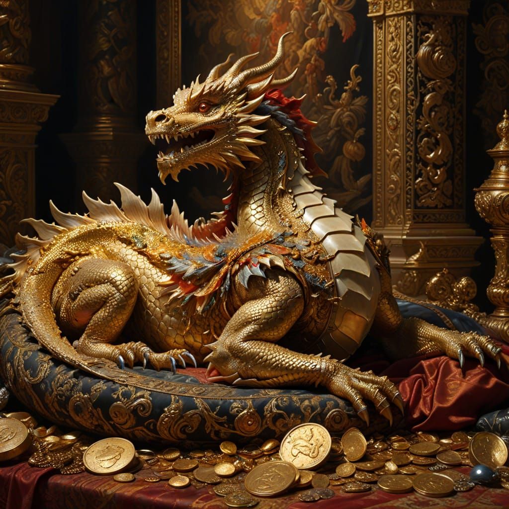Dragon Lounging in Opulent Palace: Baroque Oil Painting