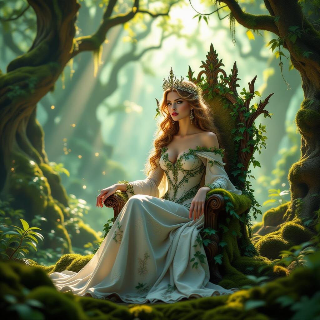 Majestic Forest Queen on Moss Throne in Golden Light