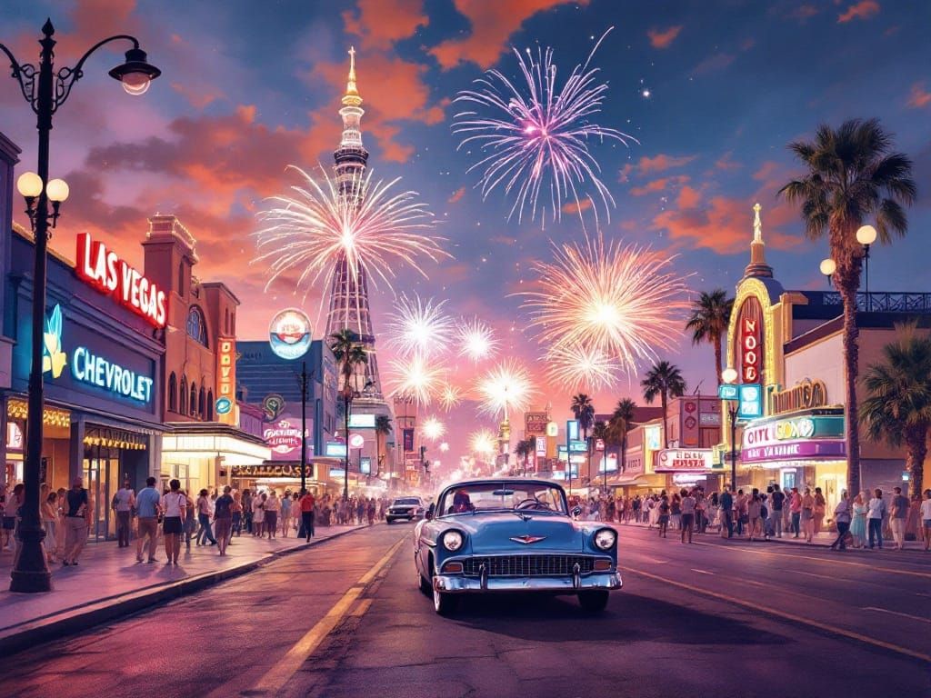 Retro Las Vegas Street Scene with Chevrolet and Neon Lights