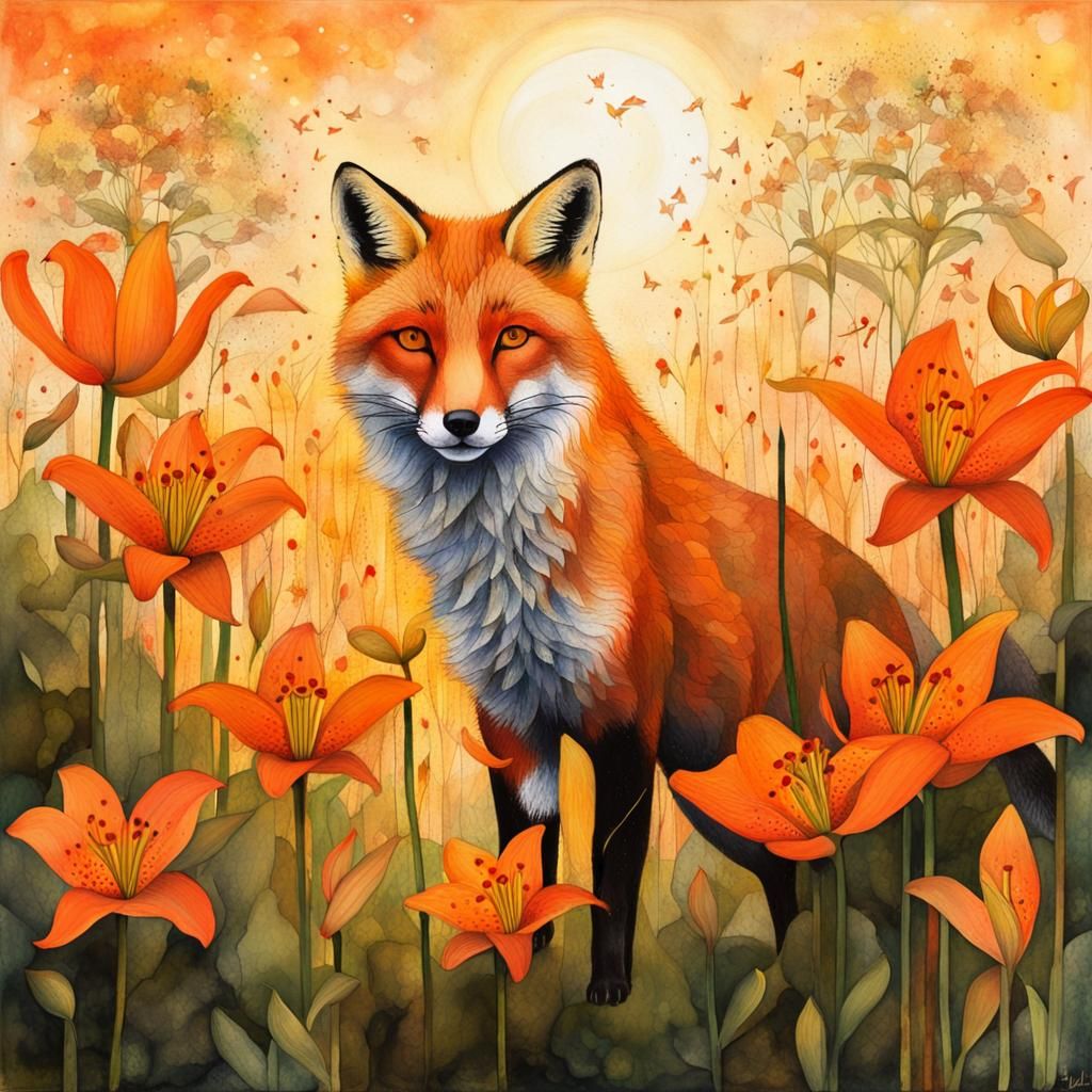 Fox in Tiger Lilies: Double Exposure Watercolor