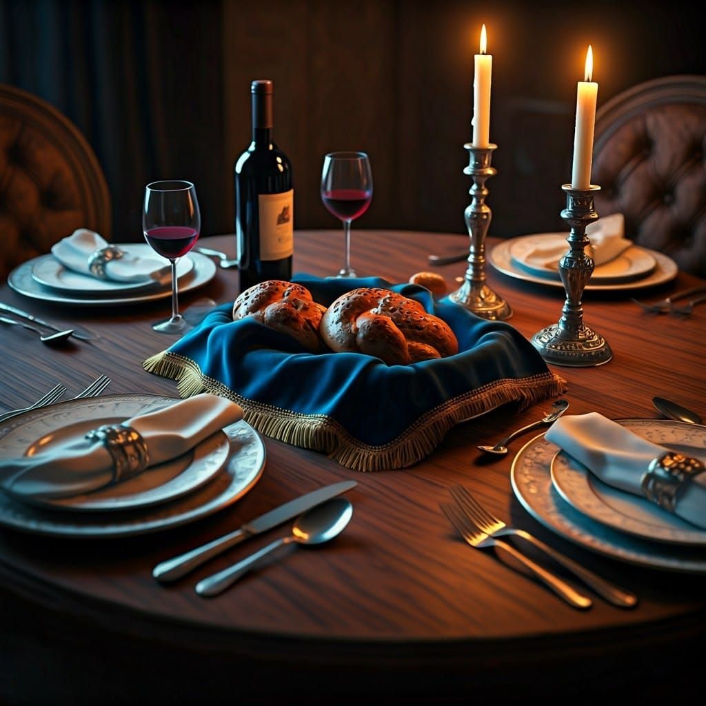 Inviting Shabbat Table with Challahs and Silver Goblet