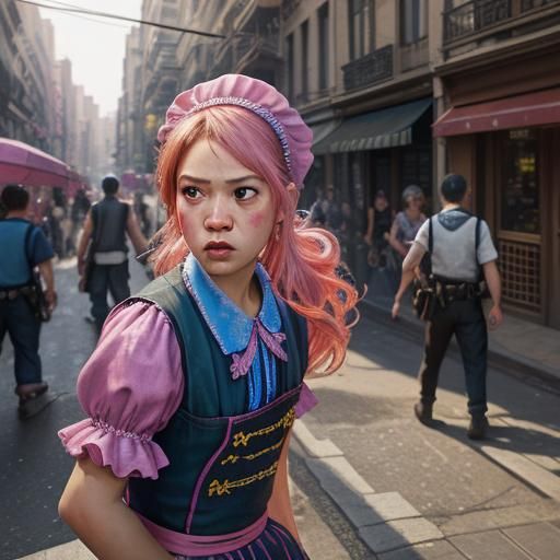 Frightened Figure in Pink on City Street: Hyperrealistic Art