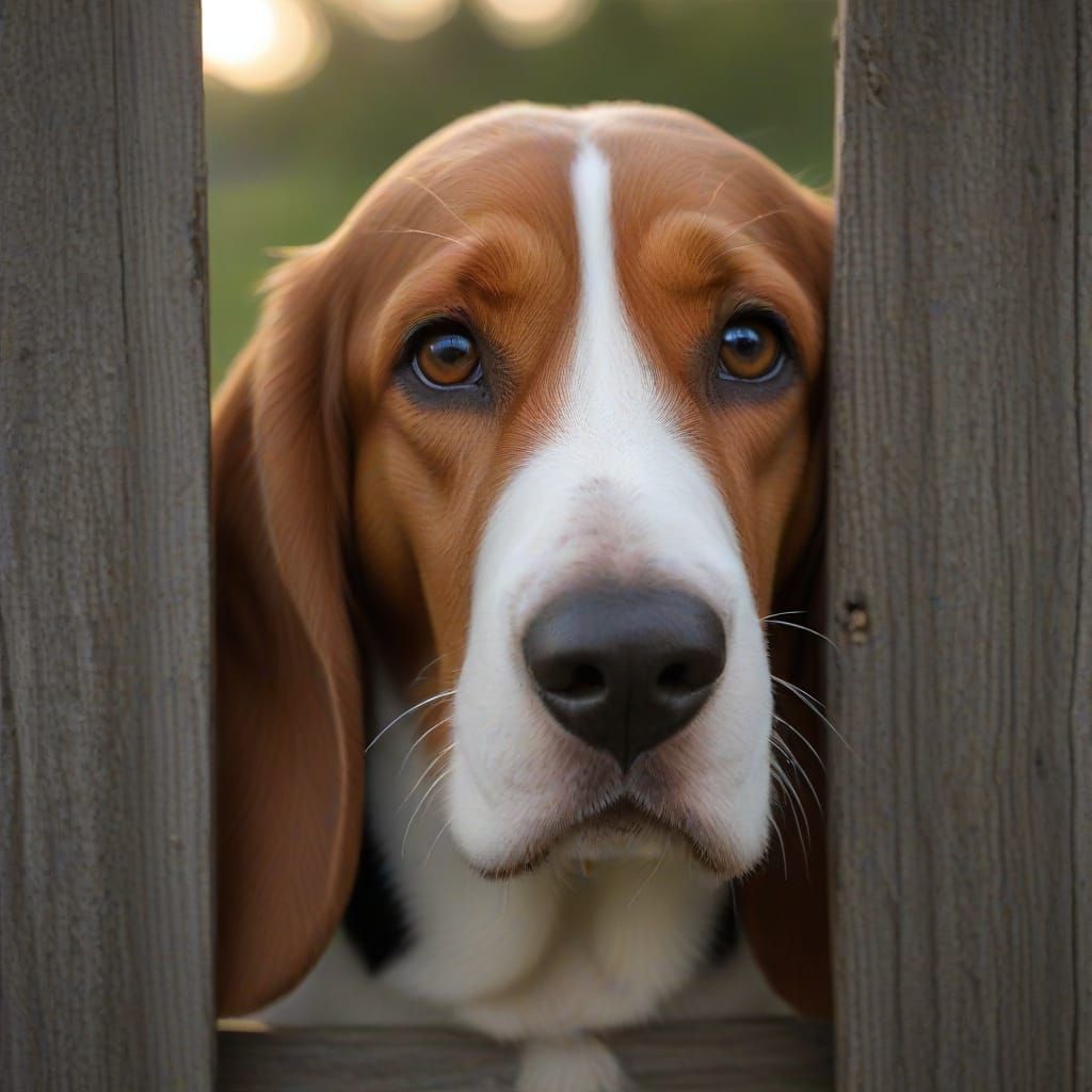 Funny Basset Hound Peeks Through Fence in Golden Hour Light
