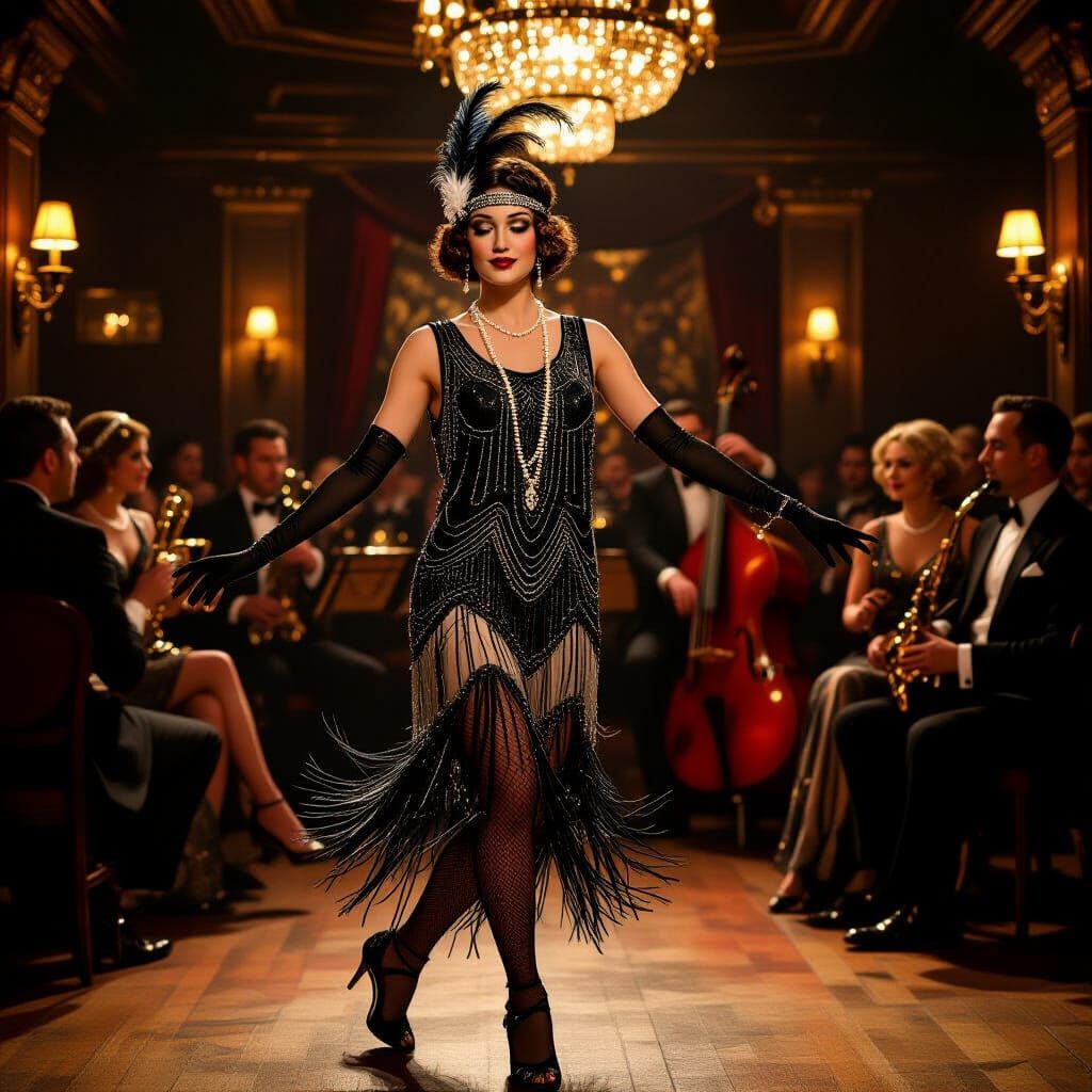 Flapper Dances in 1920s Speakeasy, Art Deco Style