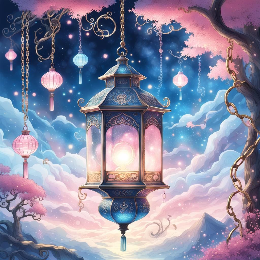 Pink and Blue Lantern in Dreamy Anime Illustration