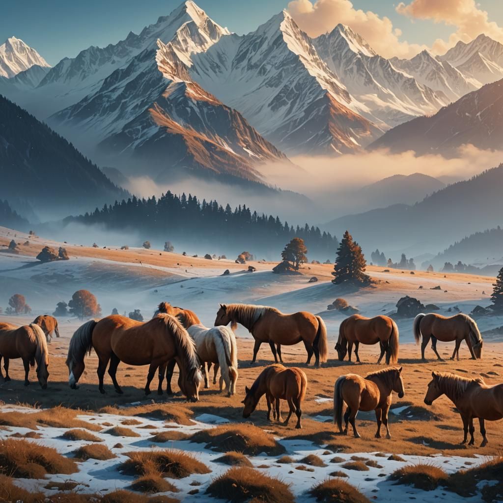 Fat Horses Grazing in Misty Himalayan Meadow