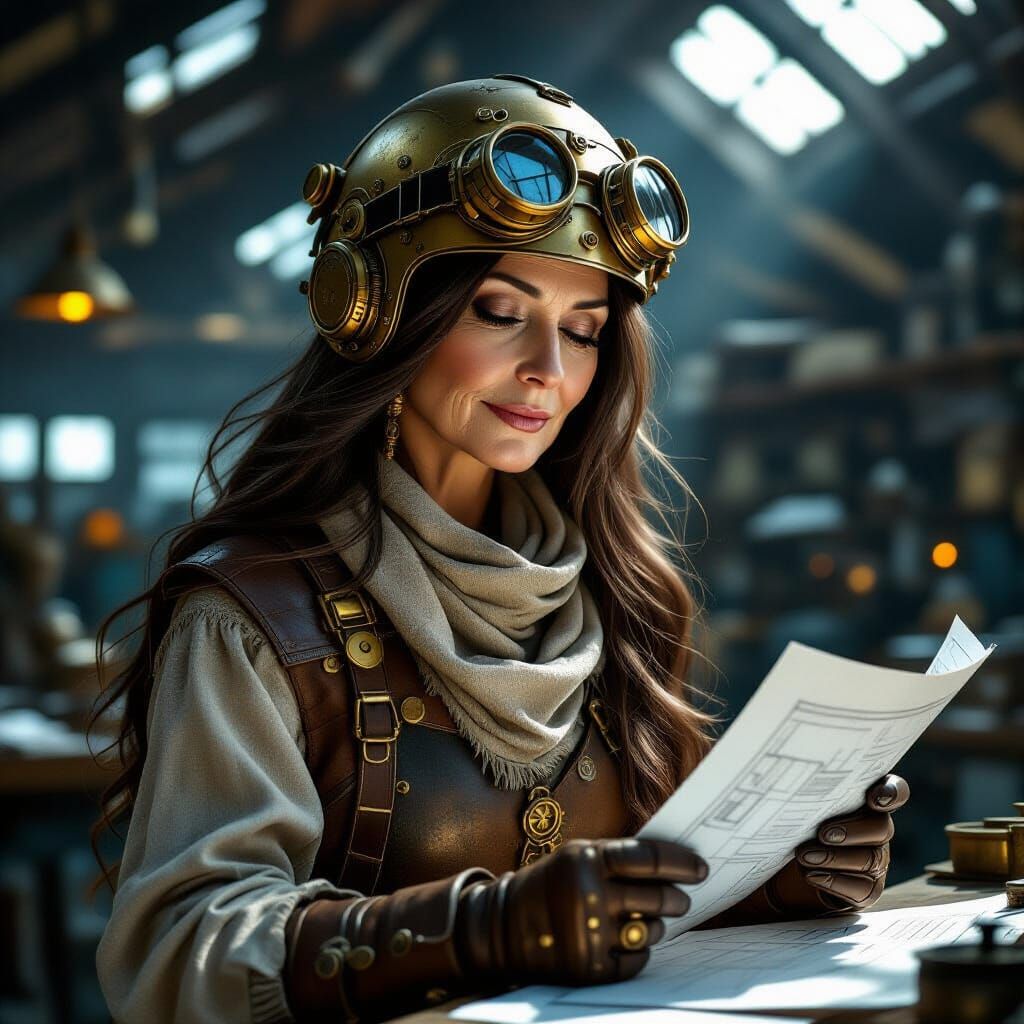 Steampunk Woman in Factory with Brass Helmet