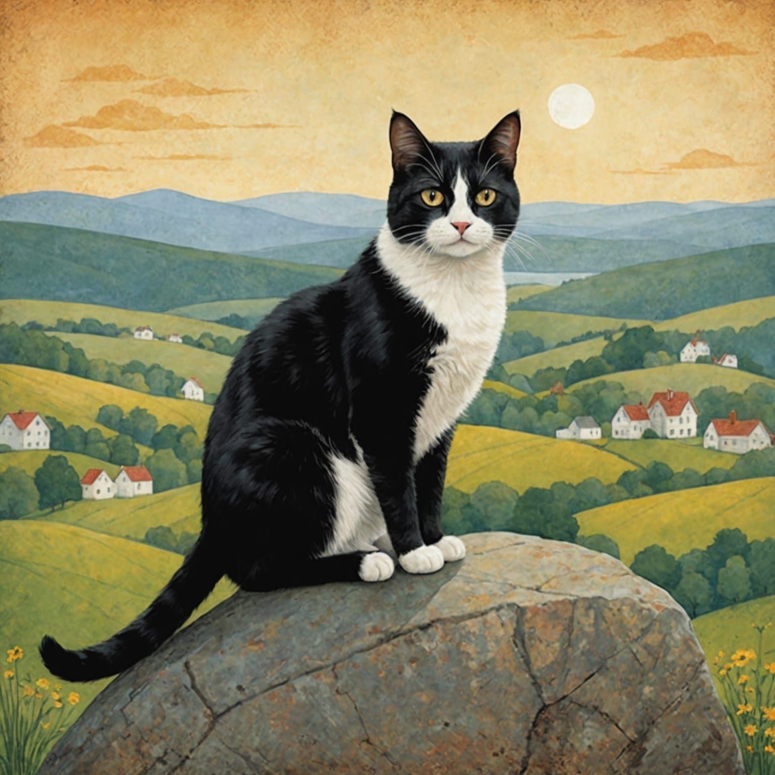 Cat on a Rock in Naive Art Style