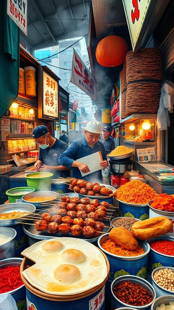 Korean Street Food Scene in Folk Art Style