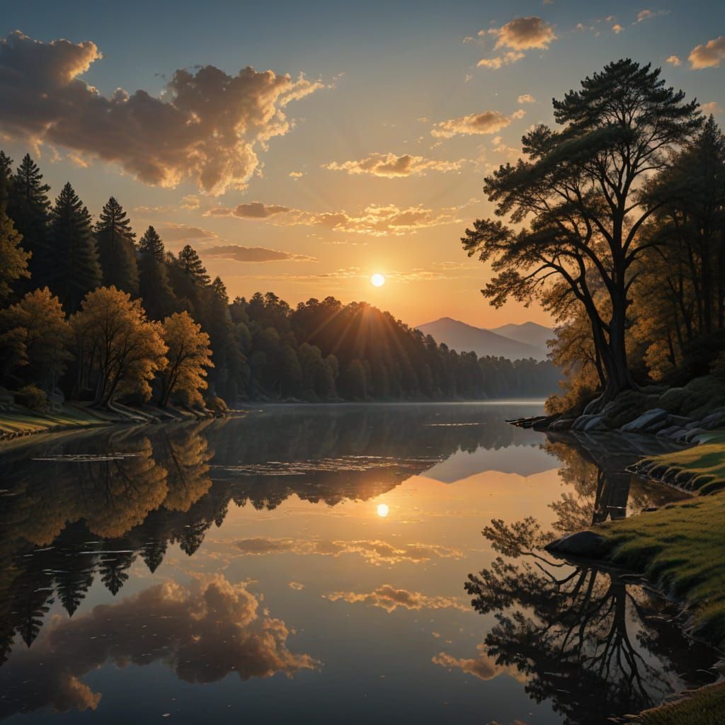 Sunrise Over Crystal Lake in Classical Style