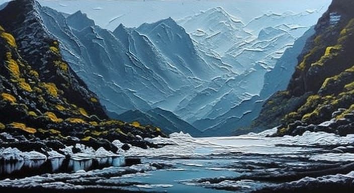 Snowy Mountain River: Impasto Realism Art