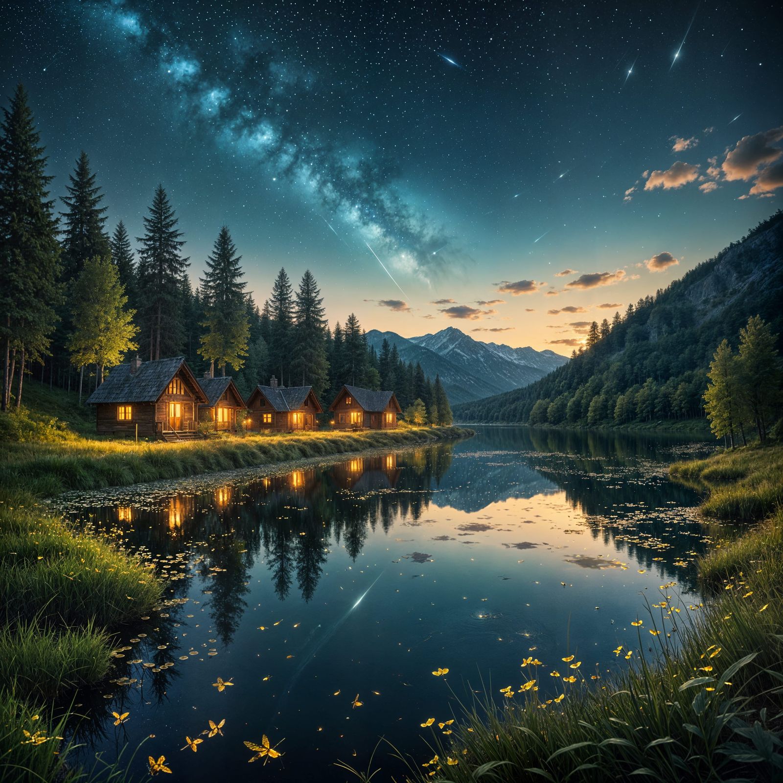 Whimsical Golden Hour Scene of Fireflies Over a Serene Lake