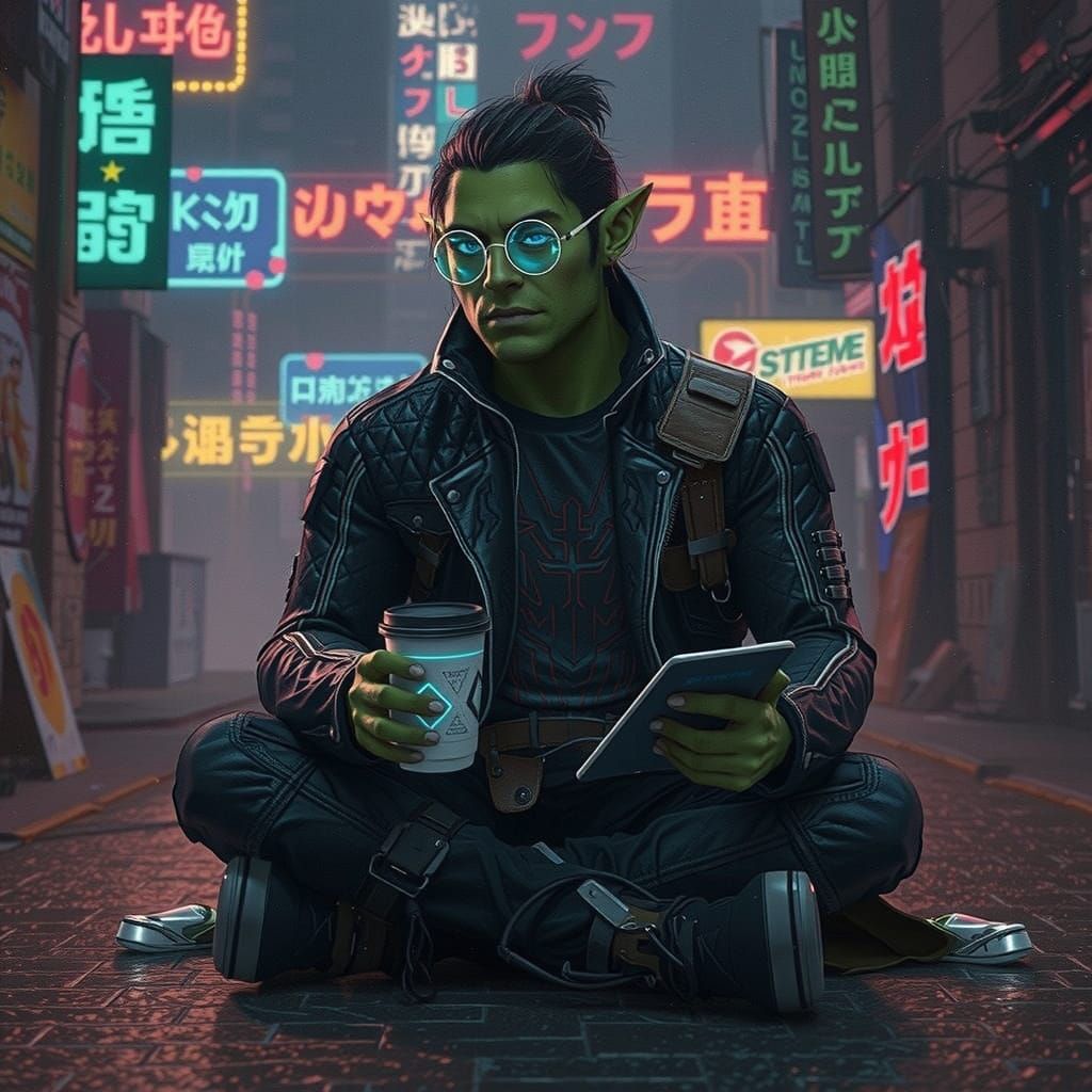 Neon-Lit Cyberpunk Warrior Stands Tall in Gritty City Alley