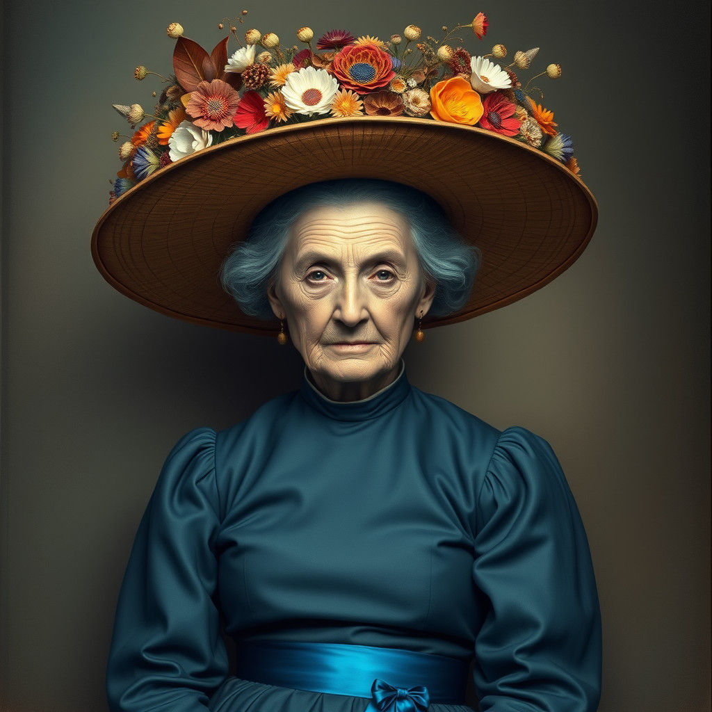 Elegant Lady with Floral Masterpiece Hat in Rich, Dreamlike....