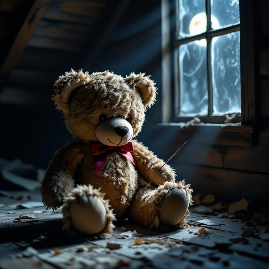 Eerie Teddy Bear in Dusty Attic Under Moonlight