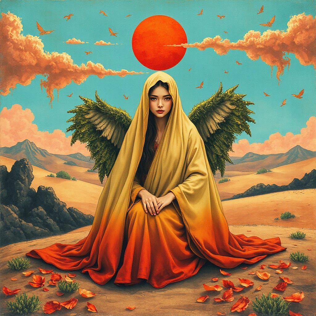 Mossy Winged Woman in Desert Storm: Folk Anime Art