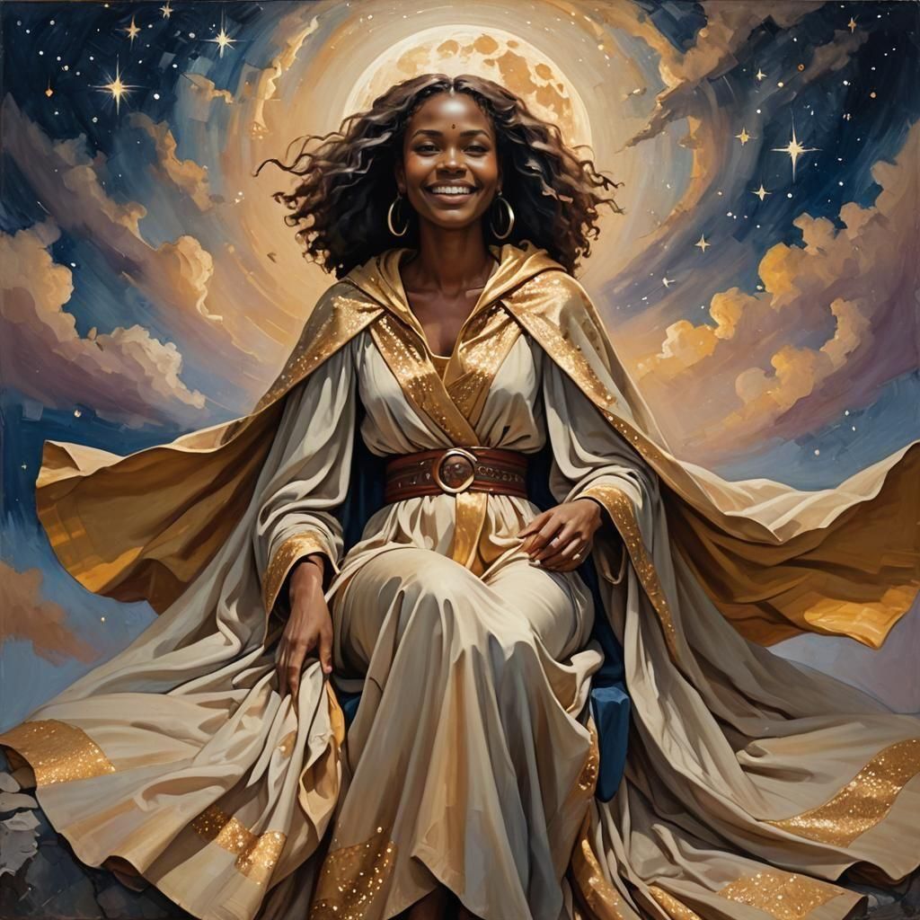 African Woman on Moon in Blotchy Sky Oil Painting