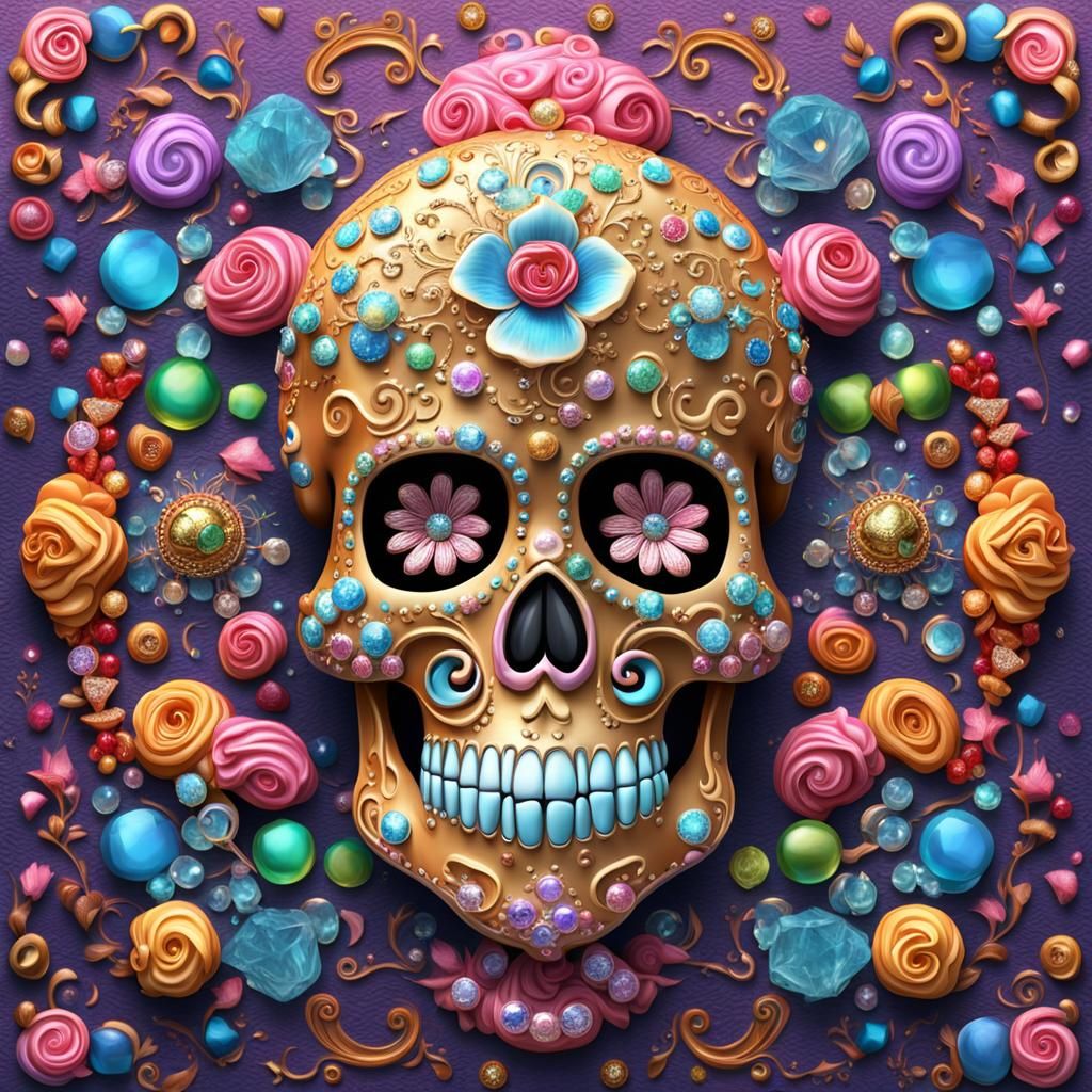 Iridescent Sugar Skull with Gems in Rococo Style