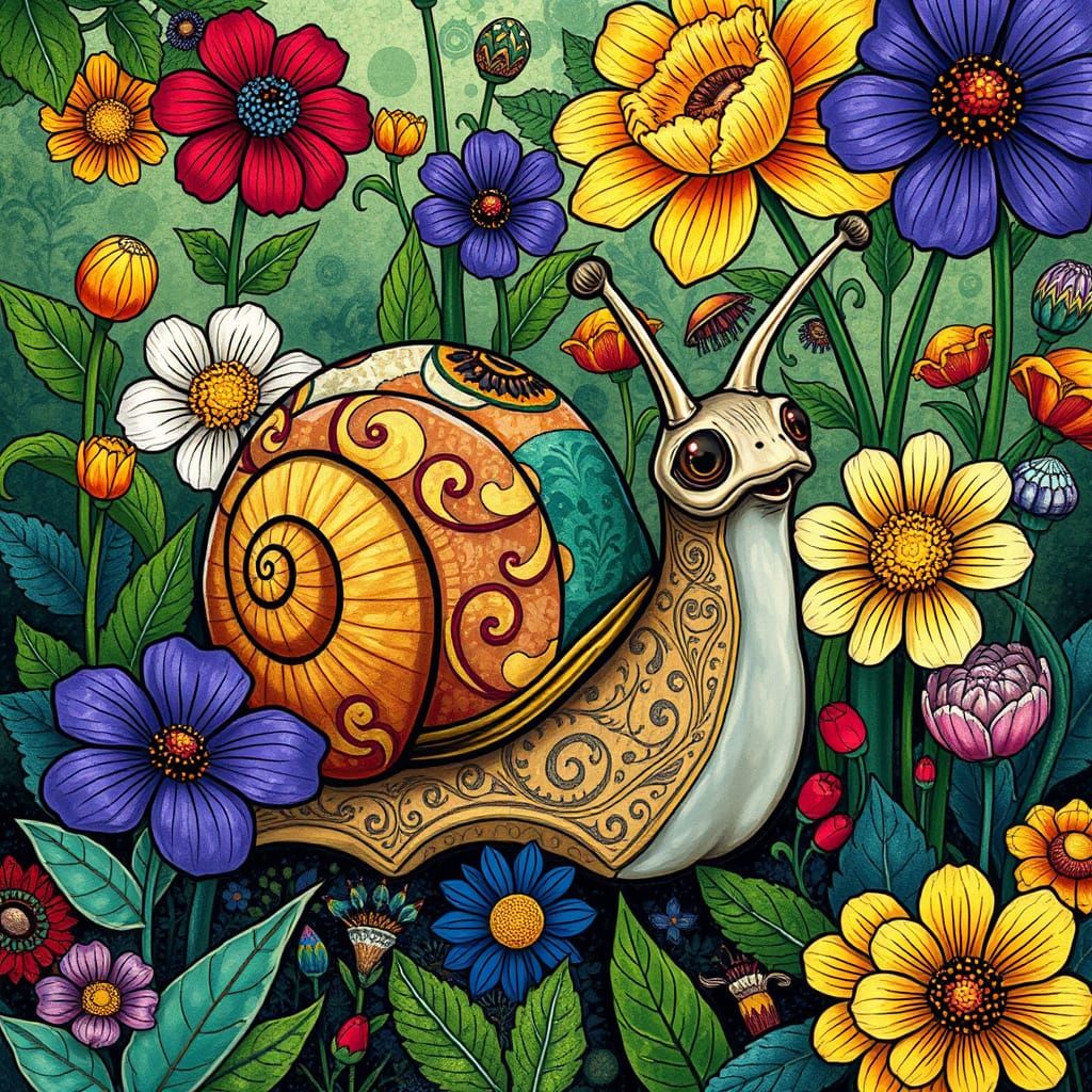 Snail in Garden, Klimt-Inspired Cartoon Style