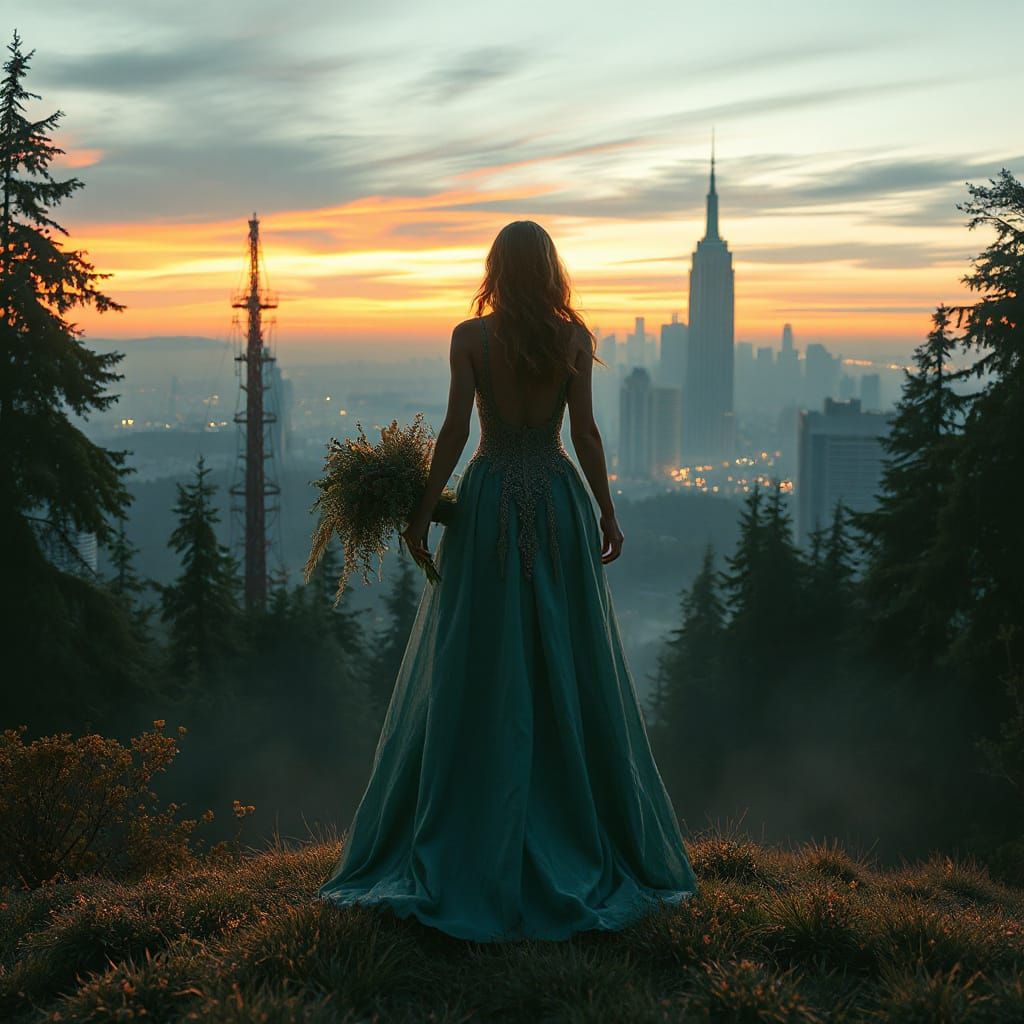 Surreal Forest Goddess Amidst Futuristic Cityscape in Layere...