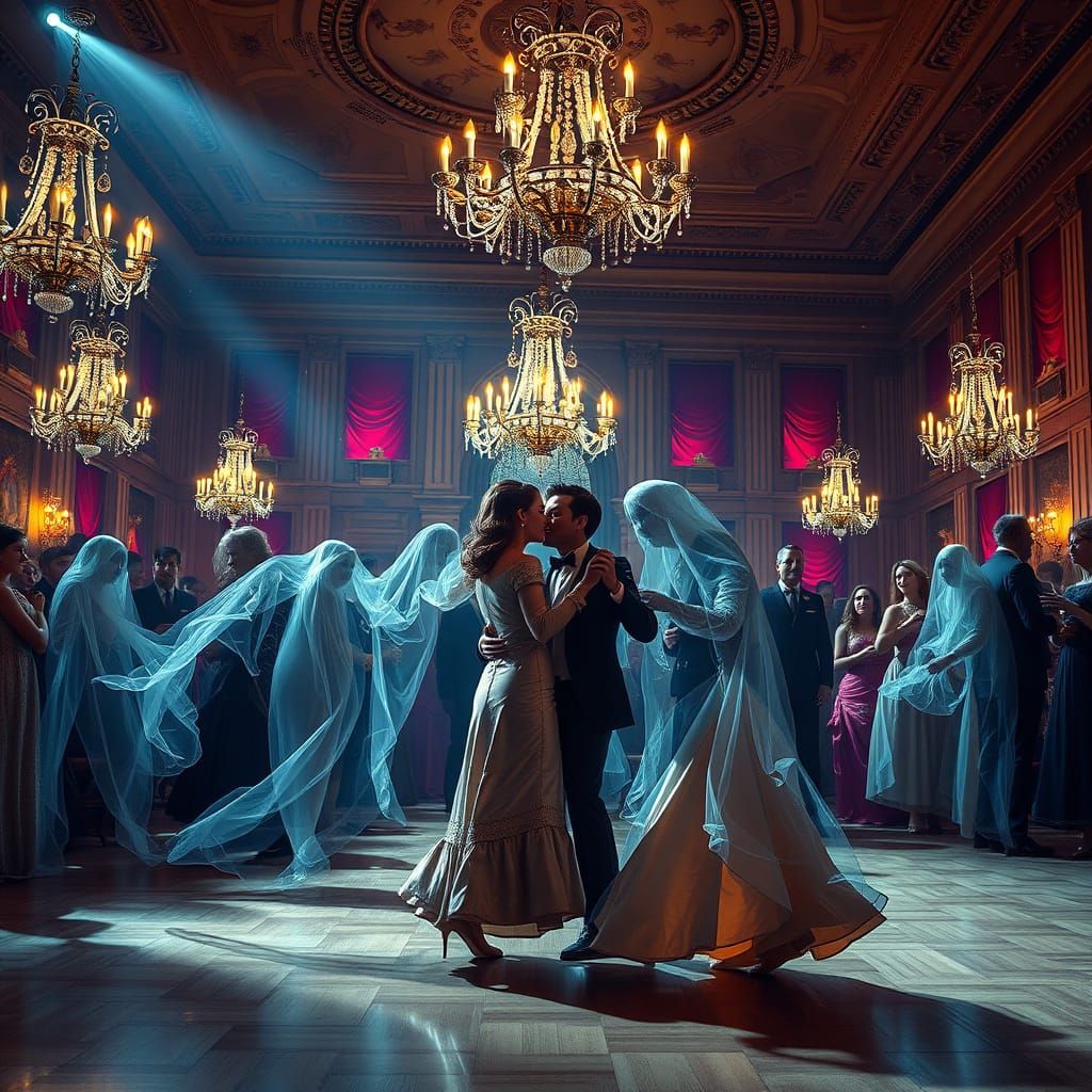 Elegant 19th Century Ball with Dancing Couples and Ghosts