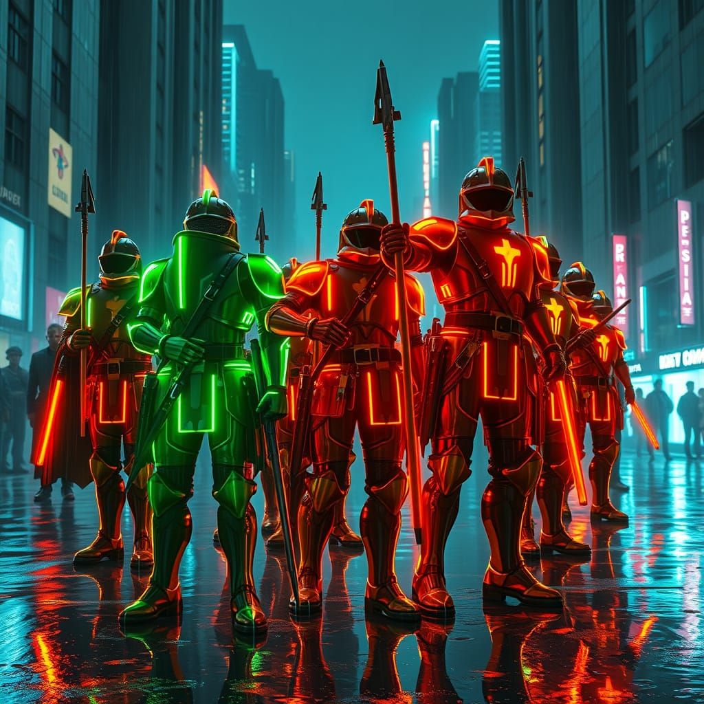 Neon Knights in Cyberpunk Cityscape