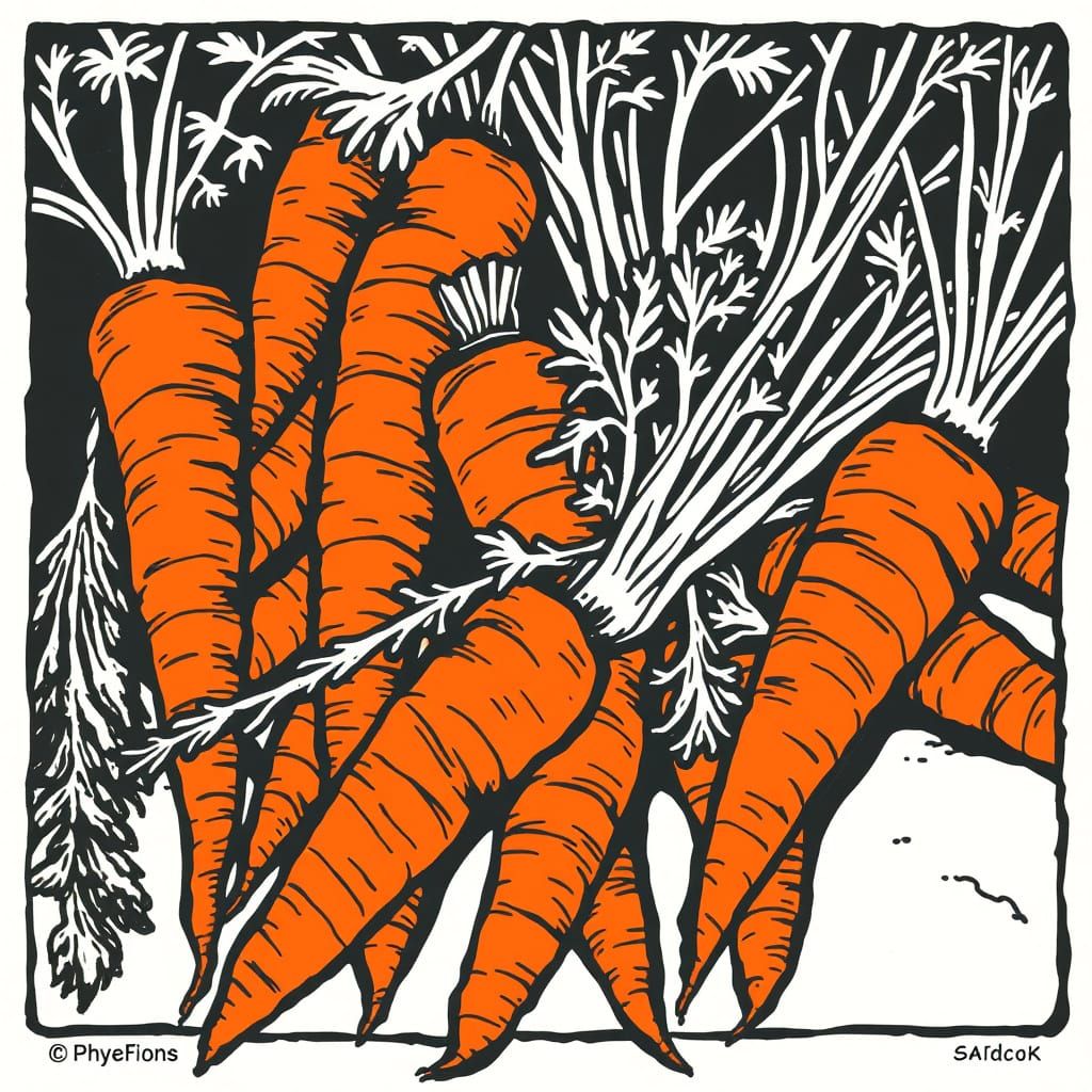 Vibrant Woodcut Carrots in Bold Linocut Style