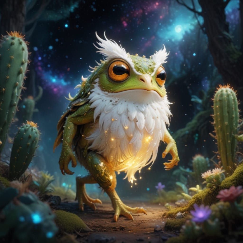 Cute Frog-Owl-Cactus Creature in Enchanted Forest