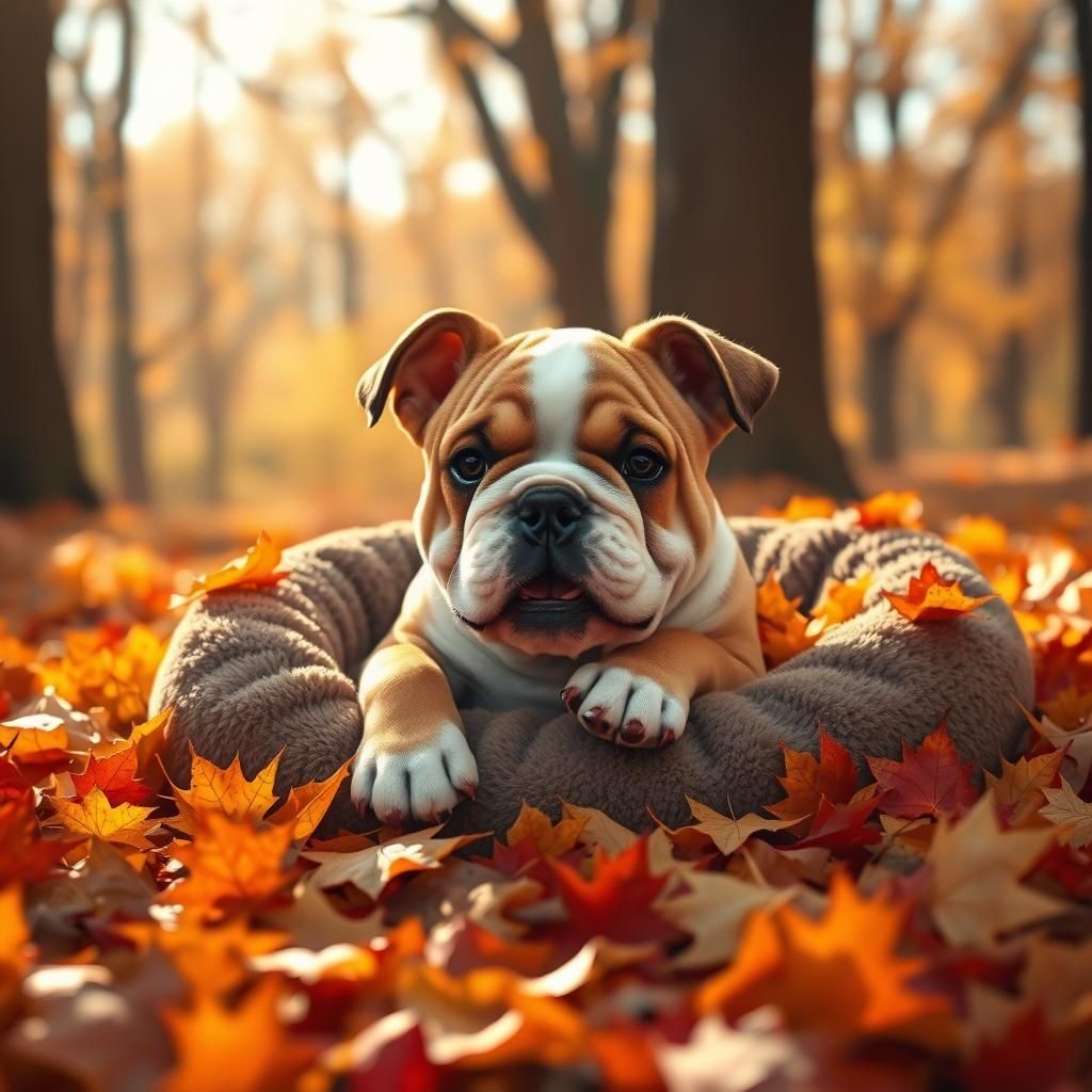 Bulldog Puppy Lounging in Autumn Leaves