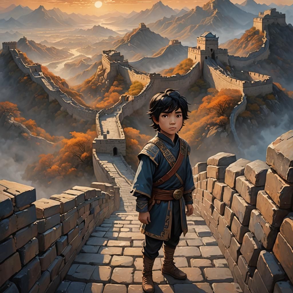 Boy on Great Wall in Fantasy Oil Painting