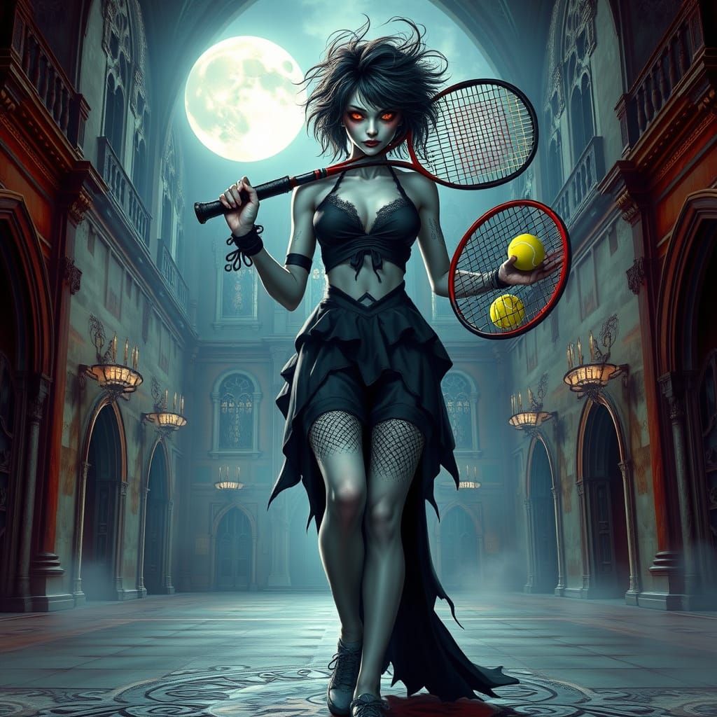 Vampire Tennis Player in Ancient Castle Under Full Moon