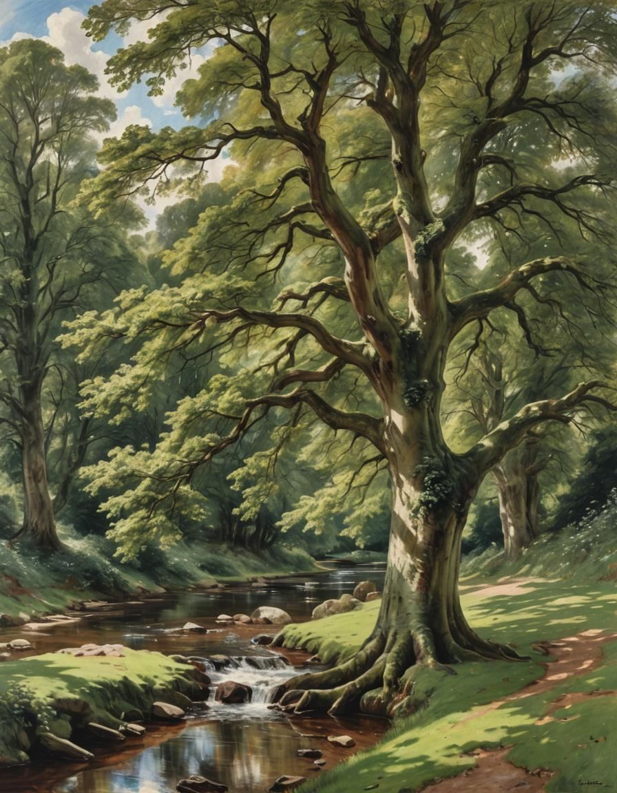 Copper Beech Tree by Stream: Constable-esque Landscape