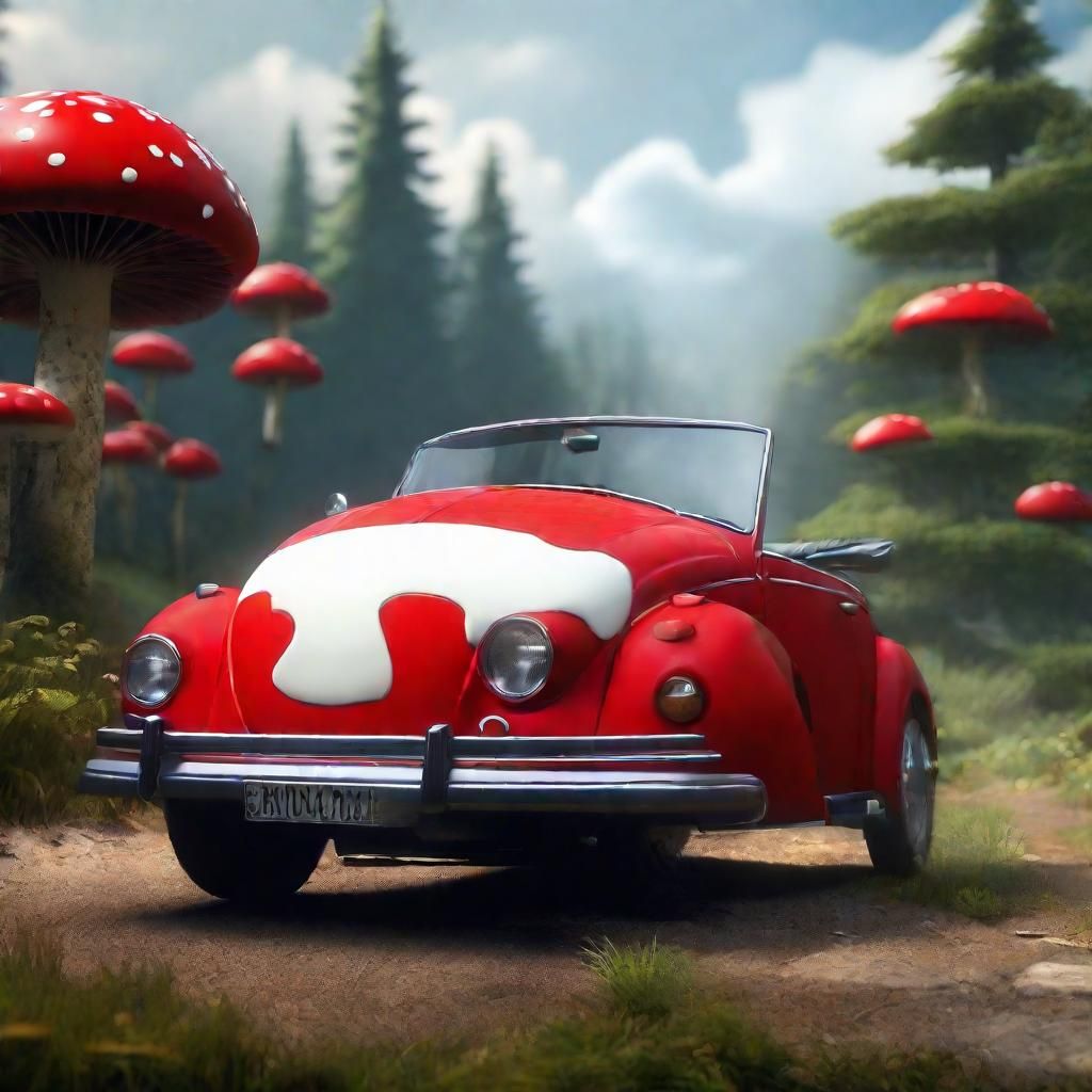 Mushroom Character Driving a VW Bug: Fantasy Art